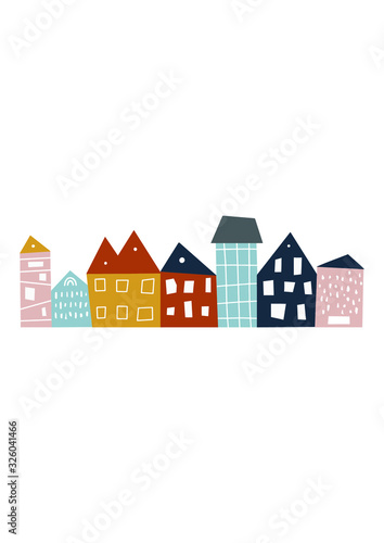 Hand drawn style houses. Scandinavian style city. Nursery poster. Vector illustration