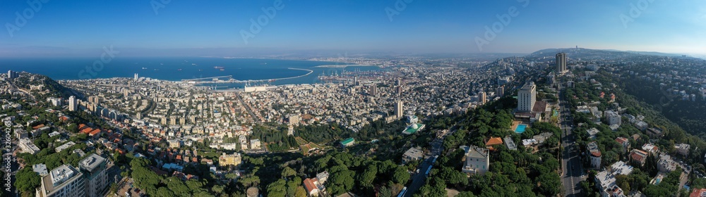Drone panorama of Haifa at the Mediterranean Sea