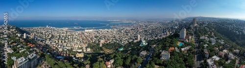Drone panorama of Haifa at the Mediterranean Sea