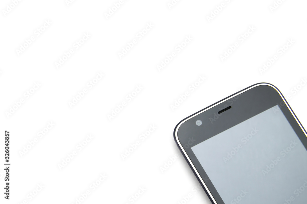 Black smartphone with a white border (stripe) in a circle. Gray blank screen. Part of the phone on a white background in the corner. Abstraction. Black smartphone with a white border (stripe) in a circle. Gray blank screen. Part of the phone on a white background in the corner. Abstraction.