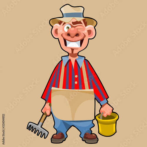 Cartoon smiling male gardener with a bucket and rake in hands. Contourless