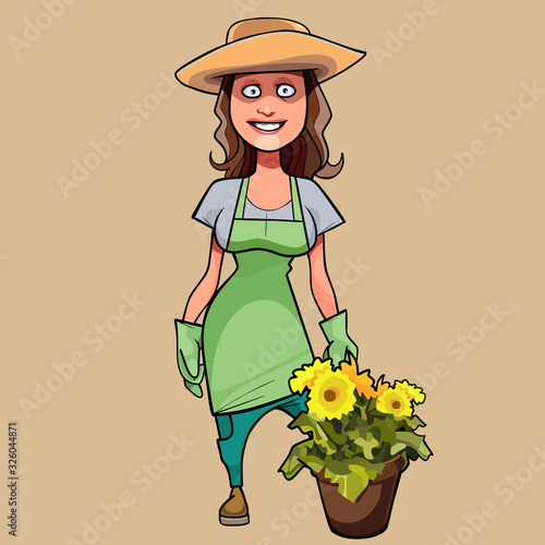 Cartoon smiling woman gardener in a hat next to a flower pot