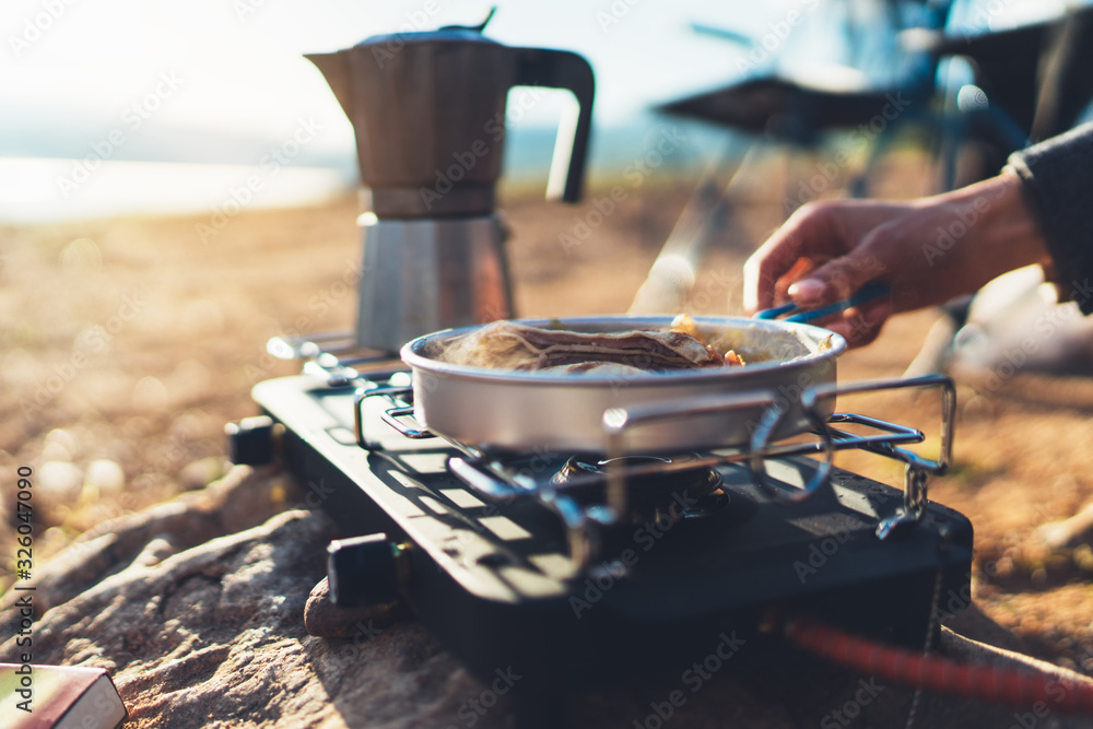 Coffee In A Moka Pot On A Camping Fire In The Morning Stock Photo