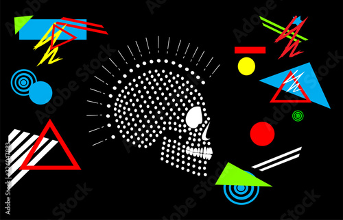 Skull icon with dots Mohawk and geometric vector background 