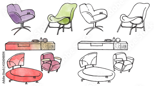 furniture isolated objects,  sketches and digital watercolor