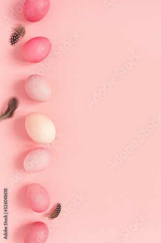 Easter eggs background. Top view, flat lay, copy space.