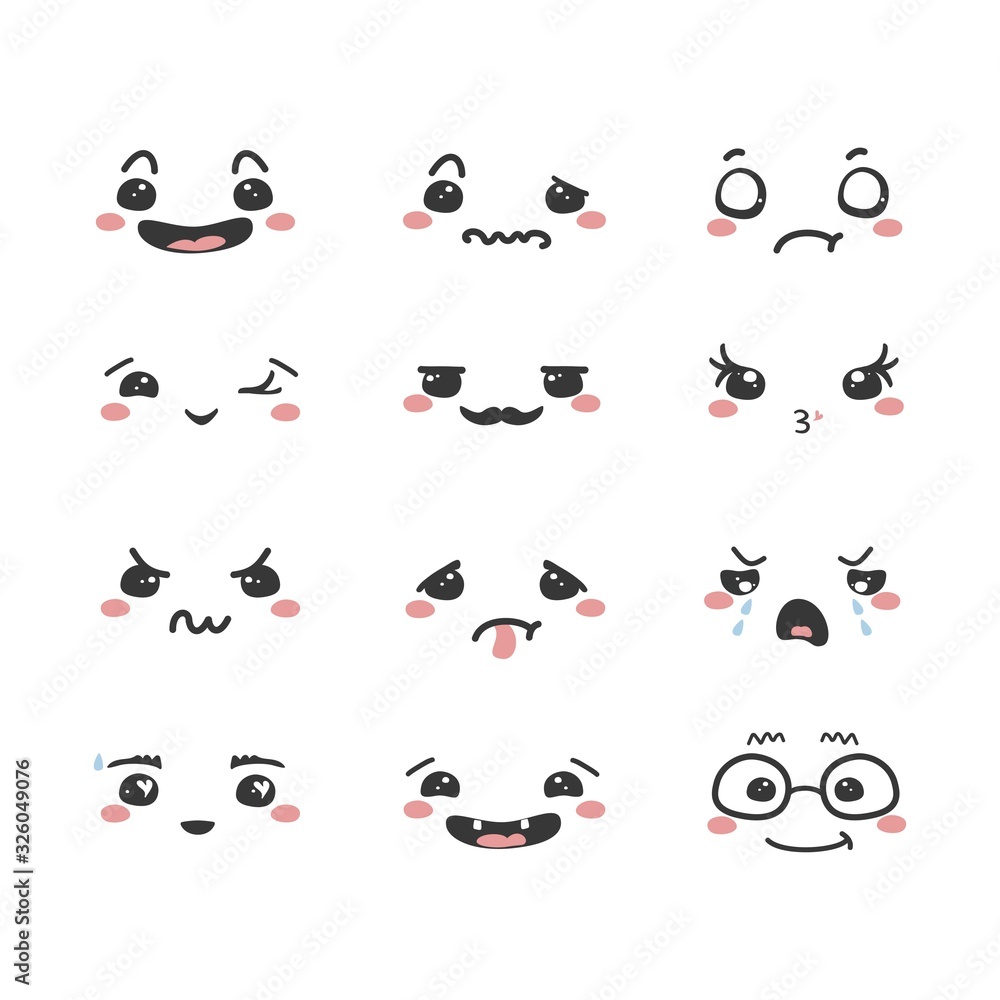 Set of cartoon kawaii faces, different emotions. Vector illustration. Set of cartoon kawaii faces, different emotions. Vector illustration.