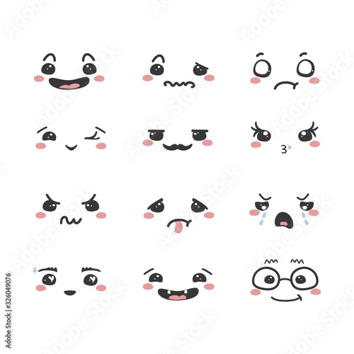 Set of cartoon kawaii faces  different emotions. Vector illustration.