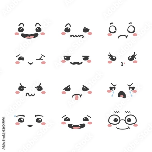 Set of cartoon kawaii faces, different emotions. Vector illustration.