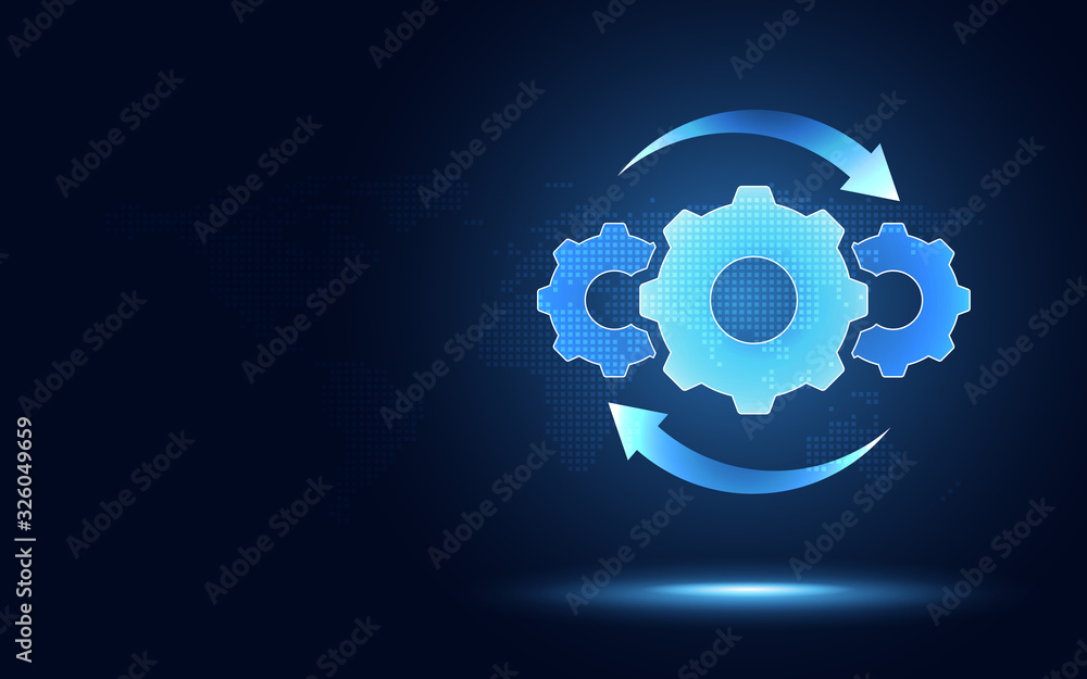 Hyperautomation futuristic blue gear transmission digital transformation abstract technology background. Artificial intelligence and big data concept. Business growth computer investment industry 4.0 Hyperautomation futuristic blue gear transmission digital transformation abstract technology background. Artificial intelligence and big data concept. Business growth computer investment industry 4.0