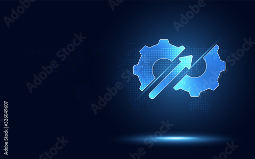 Hyperautomation futuristic blue gear transmission with arrow up. Digital transformation abstract technology background. Artificial intelligence and big data concept. Business growth industry 4.0