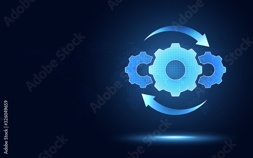 Hyperautomation futuristic blue gear transmission digital transformation abstract technology background. Artificial intelligence and big data concept. Business growth computer investment industry 4.0