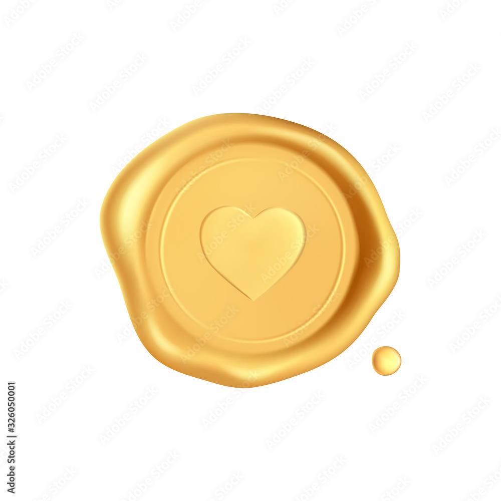 Wax seal with heart. Gold stamp wax seal with heart silhouette isolated on white background. Golden stamps for a gift certificate, a postcard, a wedding invitation card. Realistic 3d vector icon. Wax seal with heart. Gold stamp wax seal with heart silhouette isolated on white background. Golden stamps for a gift certificate, a postcard, a wedding invitation card. Realistic 3d vector icon.