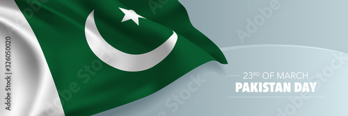 Pakistan day vector banner, greeting card. Pakistani wavy flag in 23rd of March national patriotic holiday
