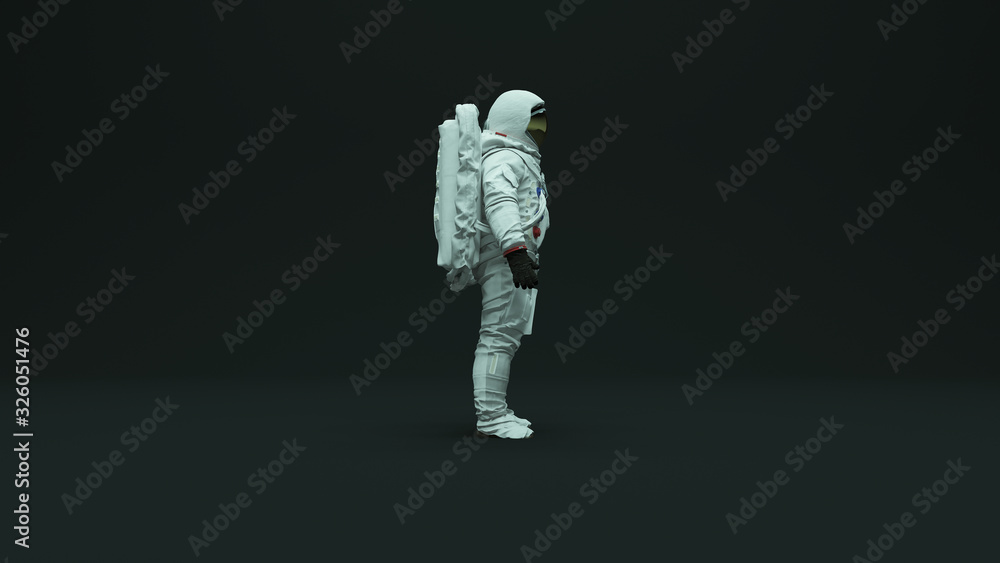 Astronaut with Gold Visor and White Spacesuit With Dark Grey Background with Neutral Diffused Top Kino Lighting Side View 3d illustration 3d render Astronaut with Gold Visor and White Spacesuit With Dark Grey Background with Neutral Diffused Top Kino Lighting Side View 3d illustration 3d render