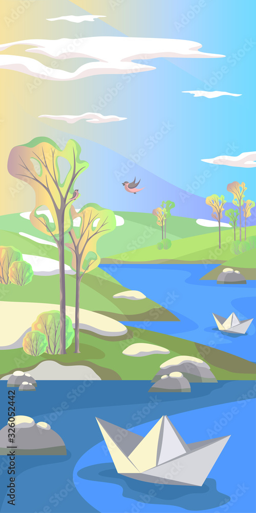 Spring landscape with thaw, trees, meadows, river, paper boats, singing birds, blue sky and clouds, vector illustration in flat simple style, background for banner, postcard, poster and advertising