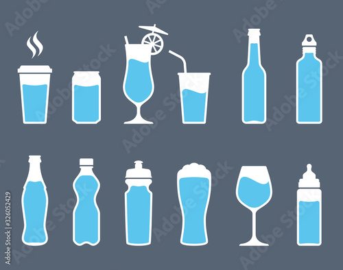 Vector sets of different kinds of liquid containers: coffee, cola, martini, lemonade, beer, tea, water, wine, milk. Grey backgroud.