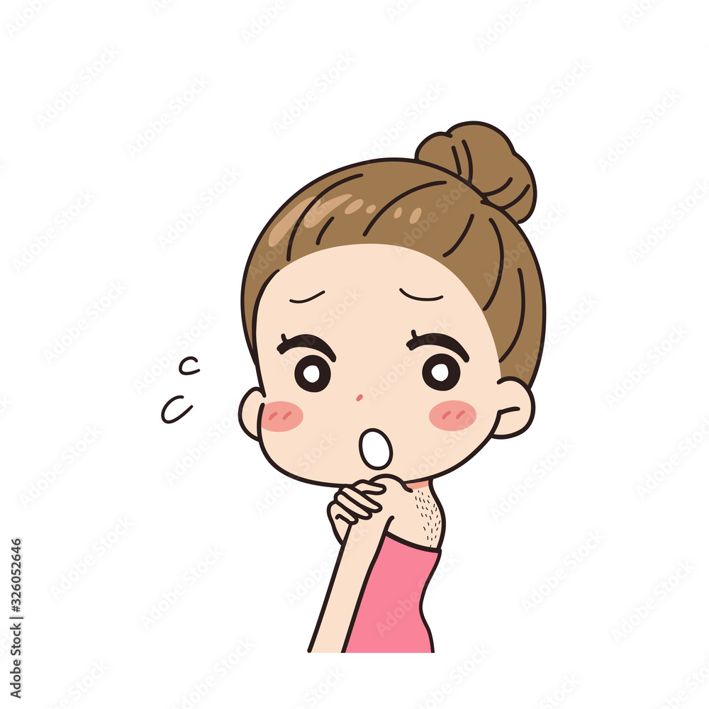 An oblique illustration of a woman who is worried about waste hair on her back, upper body. An oblique illustration of a woman who is worried about waste hair on her back, upper body.