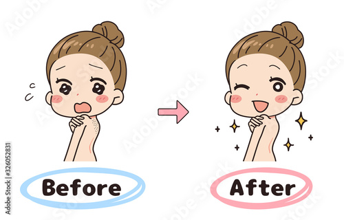 Set illustration of before and after wasted hair, upper body.