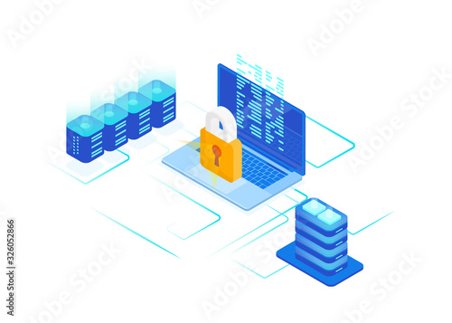 Cyber security concept of isometric computer with protect lock from cyber attack, antivirus. Vector illustration