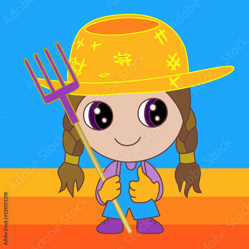 emoji with smirking girl farmer that is wearing overalls, old worn patched straw hat and holding pitchfork, simple colored vector emoticon