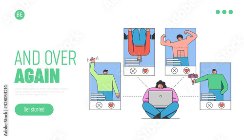 Online Dating Website Landing Page Concept. Girl Is Chatting On the Internet With Boys In Social Networks. Web Page Cartoon Outline Linear Flat Vector illustration