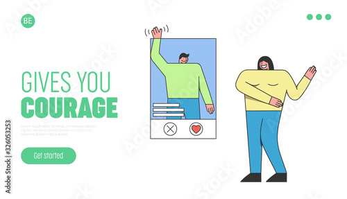 Internet Dating And Relationships Website Landing Page Concept. The Girl Is Communicating On the Internet With the Boy by Mobile App. Web Page Cartoon Outline Linear Flat Vector illustration