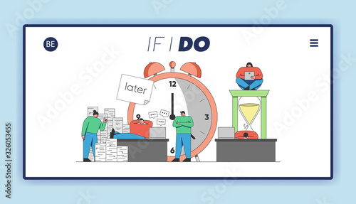 Concept of Deadline, Term and Time Waste. Website Landing Page. People Are Postponing Work For Later And Relaxing In the Office. Web Page Cartoon Outline Linear Flat Vector Illustration
