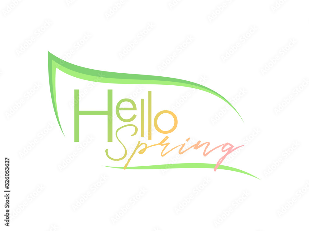 Hello Spring lettering in leaf shape, color isolated vector illustration for cards, ads, flyers, labels, posters, banners, and invitations