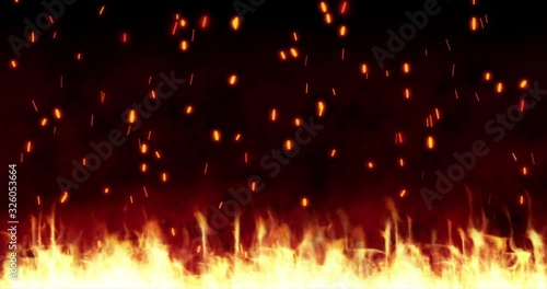 Burning Hot Sparks Rising from Large Fire in Night Sky. 