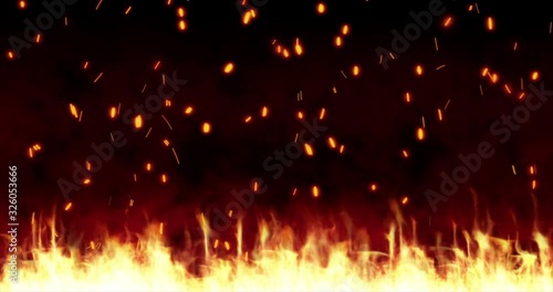 Burning Hot Sparks Rising from Large Fire in Night Sky. 