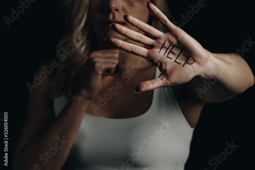 Cropped view of victim showing hand with help lettering isolated on black