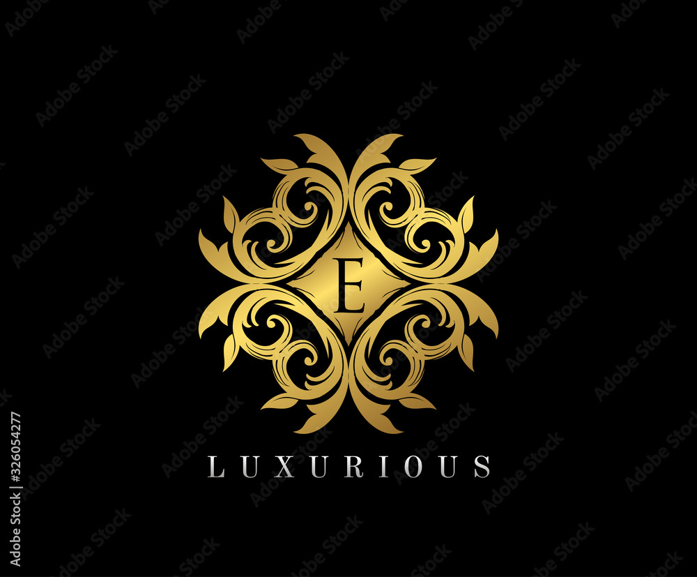 Golden elegant monogram with letter E. Template design for monogram, label, logo, emblem. Vector illustration.