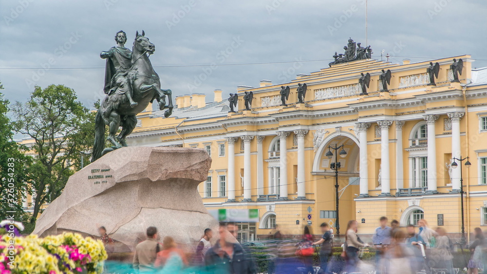 Monument of Russian emperor Peter the Great, known as The Bronze Horseman timelapse, Saint Petersburg , Russia
