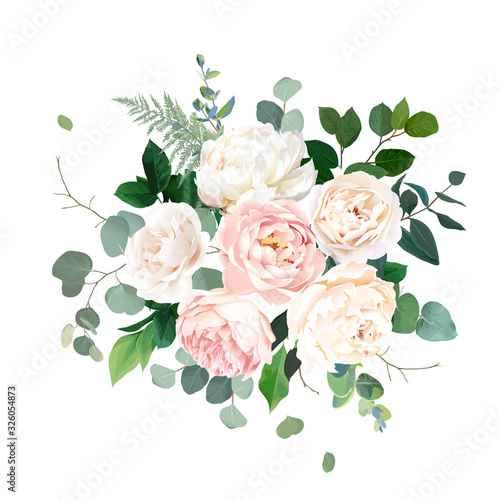Dusty pink blush, white and creamy rose flowers vector design wedding bouquet.