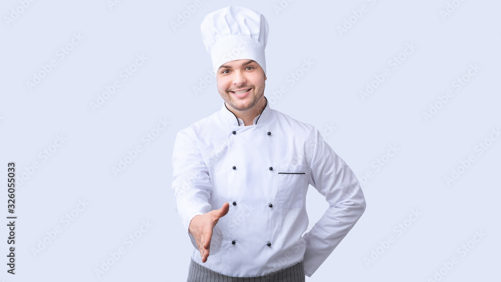 Chef Stretching Hand For Handshake Greeting Standing, White Background, Panorama
