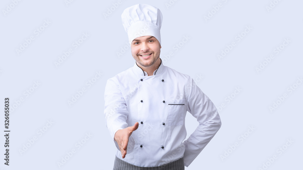 Chef Stretching Hand For Handshake Greeting Standing, White Background, Panorama Chef Stretching Hand For Handshake Greeting Standing, White Background, Panorama