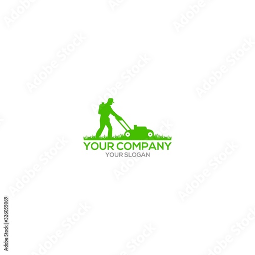 Gardener Mowing Lawn Mower Logo Design Vector