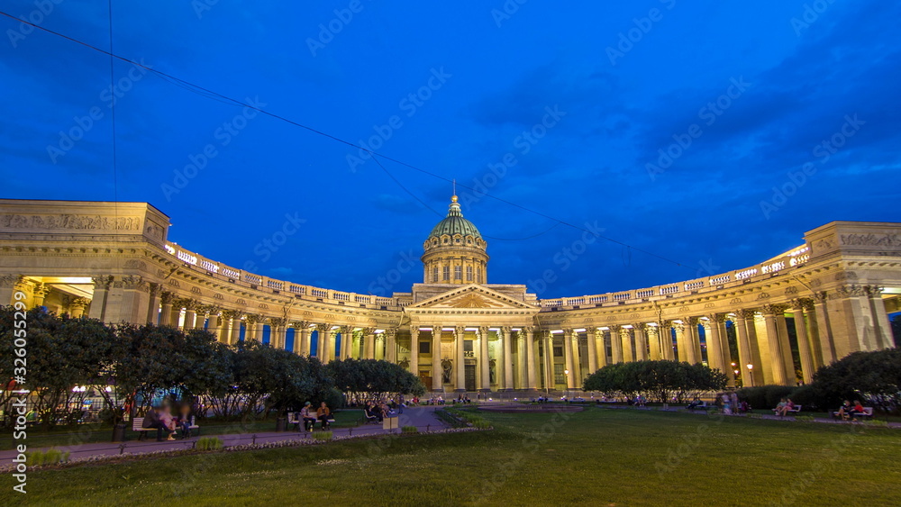Kazan Cathedral Kazanskiy Kafedralniy Sobor in St. Petersburg during the White Nights in the summer timelapse