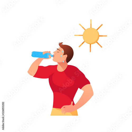 Cartoon young man drinks water under the sun. Extreme heat concept. Vector illustration