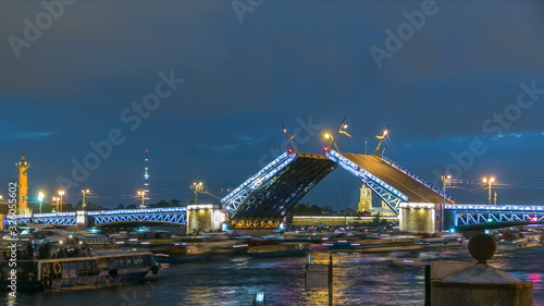 View of the opening Palace Bridge timelapse, which spans between - the spire of Peter and Paul Fortress