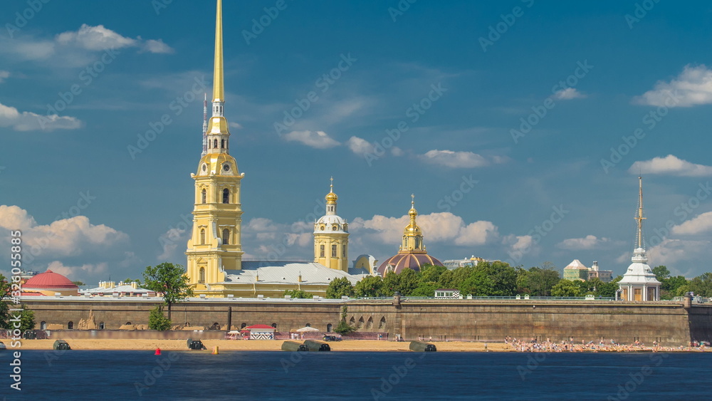 Peter and Paul Fortress across the Neva river timelapse , St. Petersburg, Russia