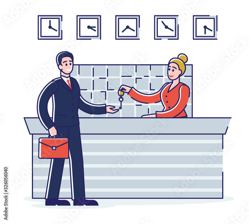 Hotel Service Concept. Businessman is Staying in the Hotel. Receptionist Woman Gives The Keys From Apartments To The Guest. Cartoon Outline Linear Flat Vector illustration