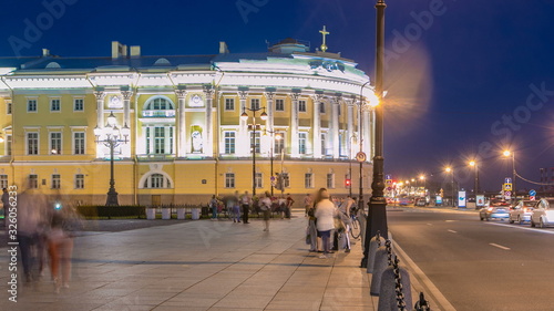 Building of the Russian constitutional court timelapse near Monument to Peter I, building of library of a name of Boris Yeltsin, night illumination. Russia, Saint-Petersburg