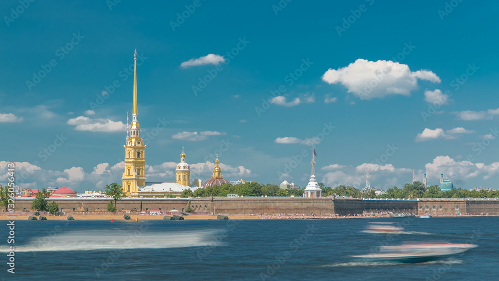 Peter and Paul Fortress across the Neva river timelapse, St. Petersburg, Russia