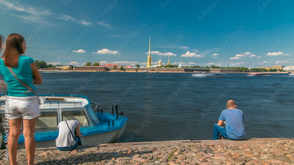 Peter and Paul Fortress across the Neva river timelapse, St. Petersburg, Russia