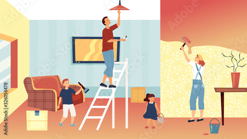 Concept Of Family Home Renovation. Father, Mother Daughter And Son Are Making A Repair At Home. Mother Is Painting Walls with Roller, Son and Daughter Help Parents. Cartoon Flat Vector Illustration