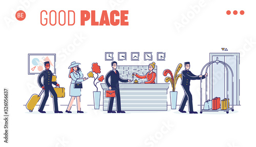 Hotel Service Concept. Website Landing Page. Receptionist Gives The Keys From Apartments To The Guest. Porters Are Carring Guests Luggage. Web Page Cartoon Outline Linear Flat Vector illustration
