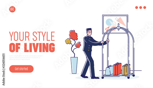 Hotel Service And Staff Concept. Website Landing Page. Porter is Carrying Luggage On the Trolley. Web Page Cartoon Outline Linear Flat Vector illustration