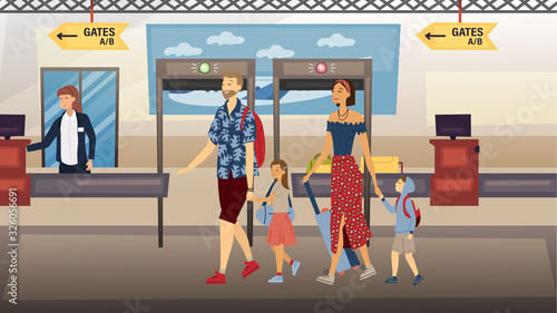 Concept Of Family Travel Together. Parents With Children Passed Airport Security Check And Security Checkpoint At the Airport Terminal And Ready For Vacations. Cartoon Flat Style. Vector Illustration